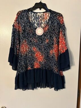 Umgee Navy Lace-Overlay Tunic with Red Accents